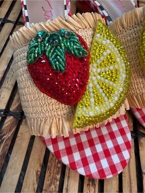 Betsey Johnson Gingham Lindy Beaded Slides Strawberry & Lemon Appliqués NWT 5.5